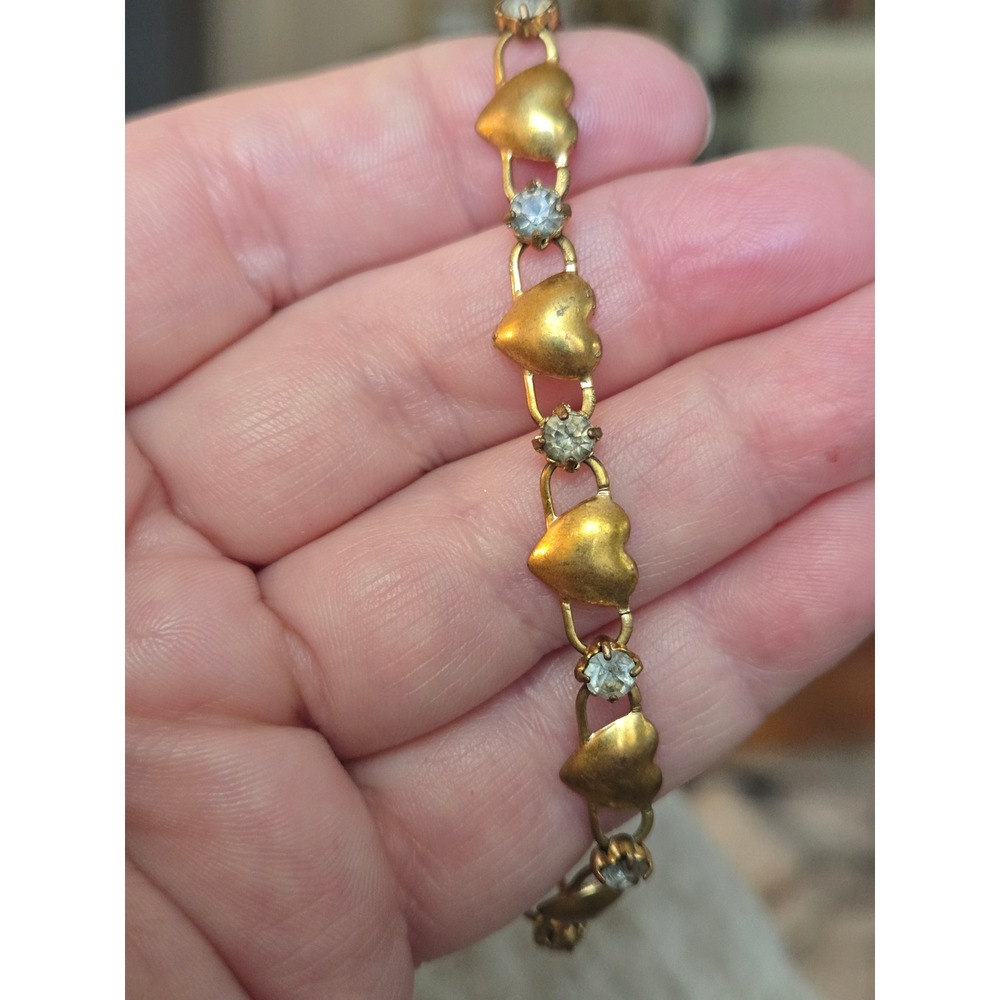 Goldtone Puffy Heart Rhinestone Lightweight Bracelet Vintage Dainty